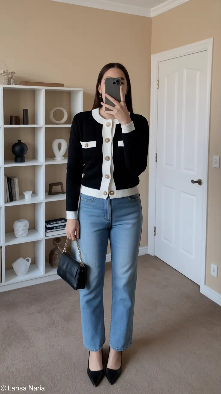 cute cardigan spring outfits 2026 Classic Black & White Sophistication
