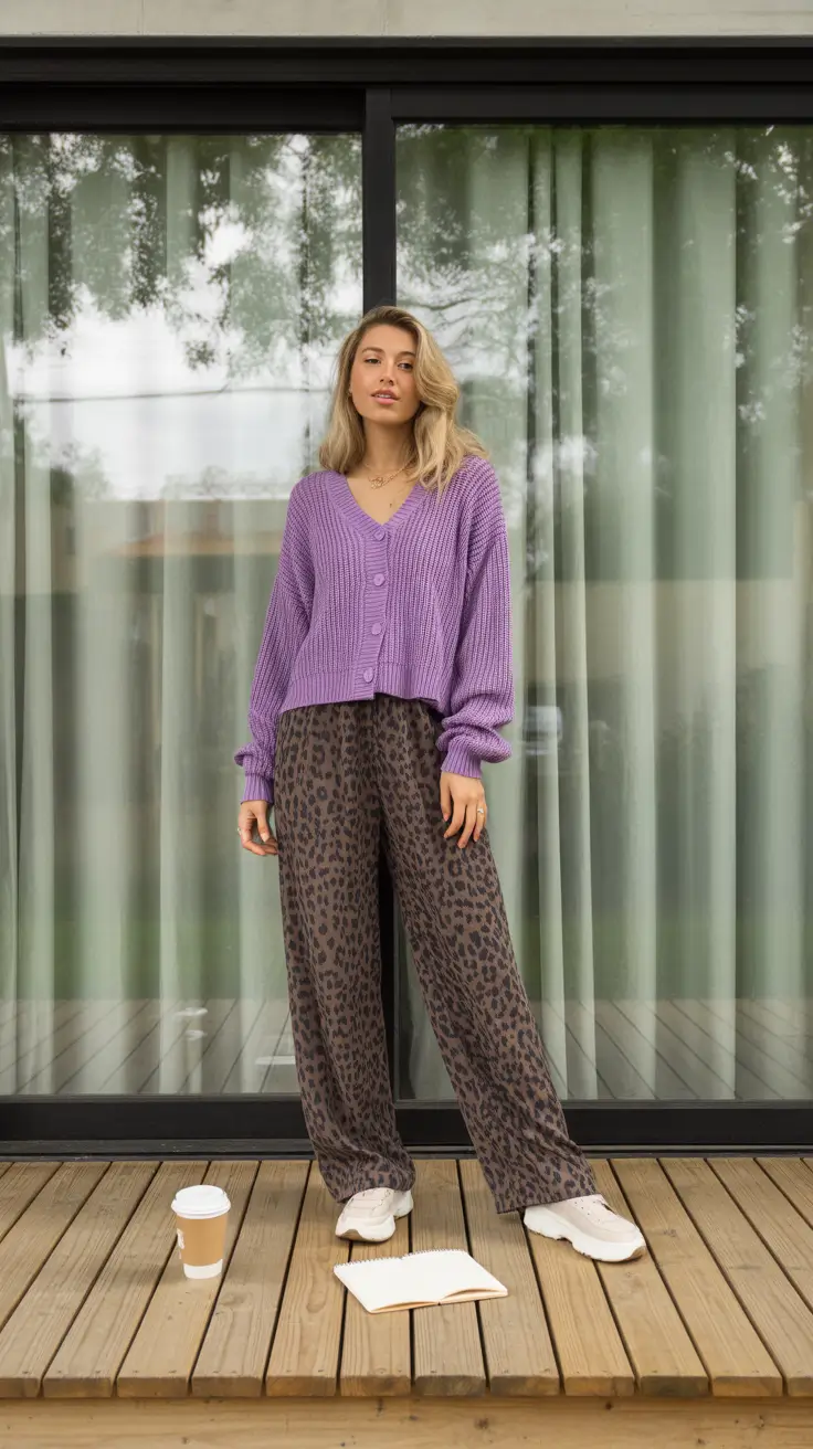 cute cardigan spring outfits 2026 Lavender Ease with Playful Prints