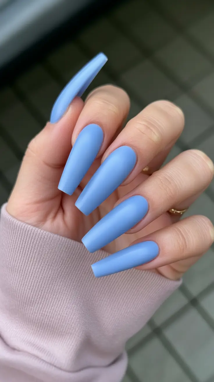 February nails designs 2026 Matte Sky-Blue Coffin Serenity
