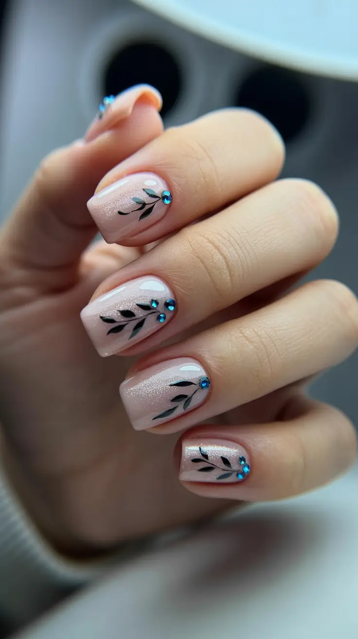 February nails designs 2026 Short Nude Shimmer Leaf Art