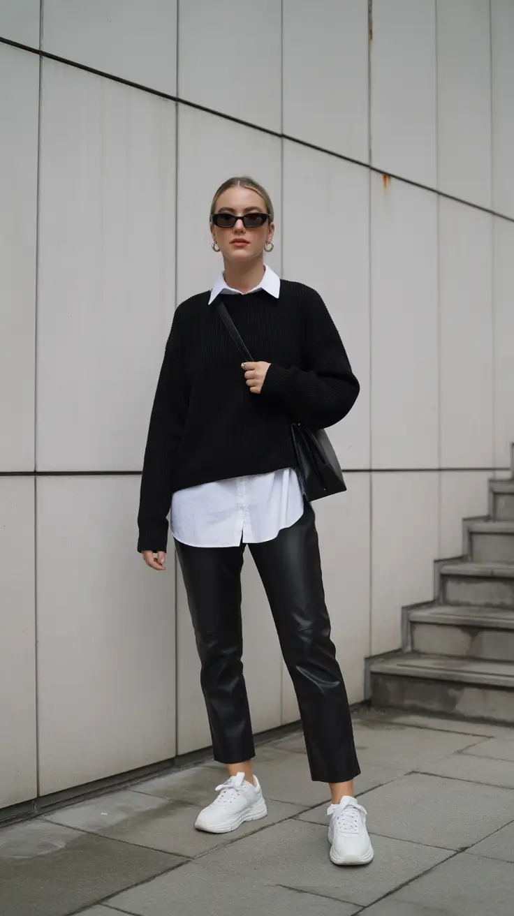 February outfits ideas 2026 Monochrome Black Layers with Crisp White Details