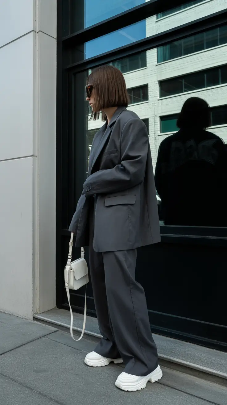 February outfits ideas 2026 Structured Charcoal Suit with Chunky White Soles