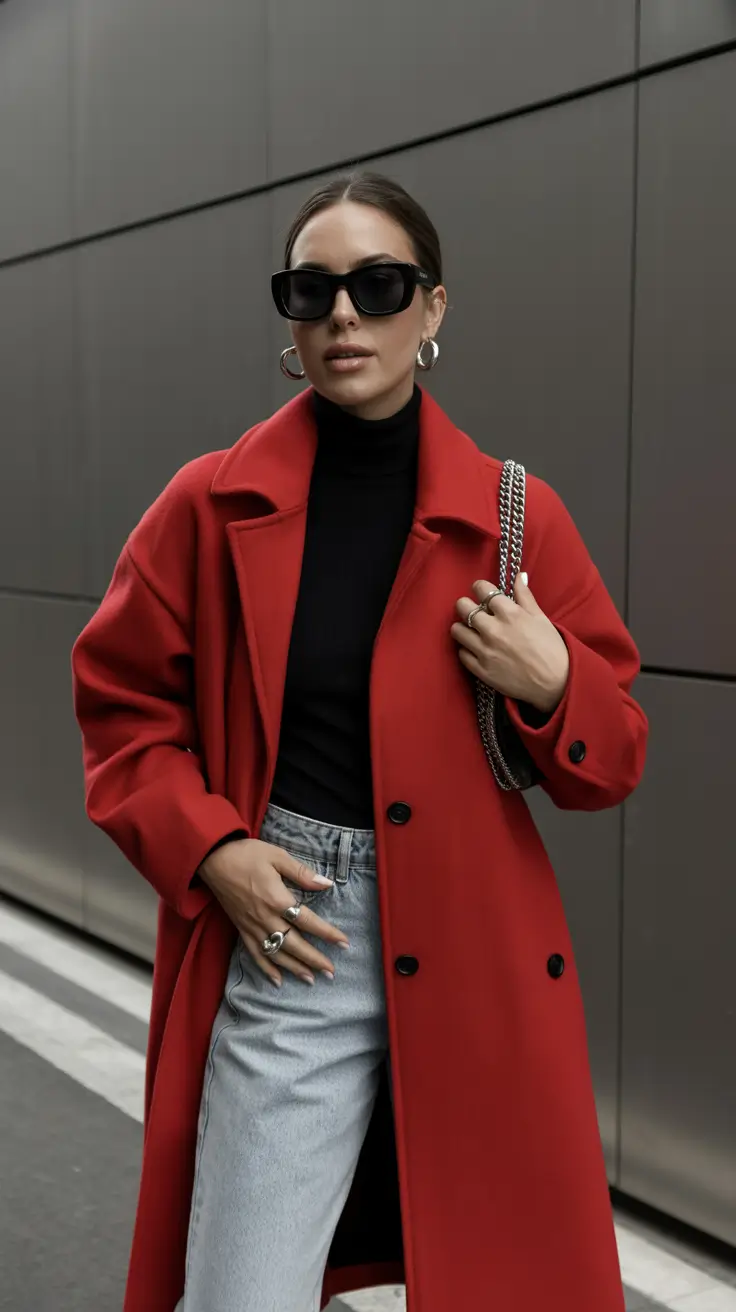 February outfits ideas 2026 Red Statement Coat with Minimalist Foundations