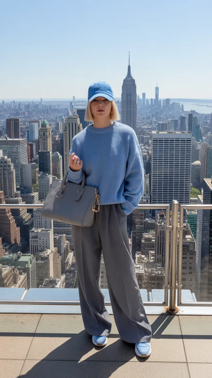 February outfits ideas 2026 Sky-Blue Knit and Wide-Leg Trousers with a City View