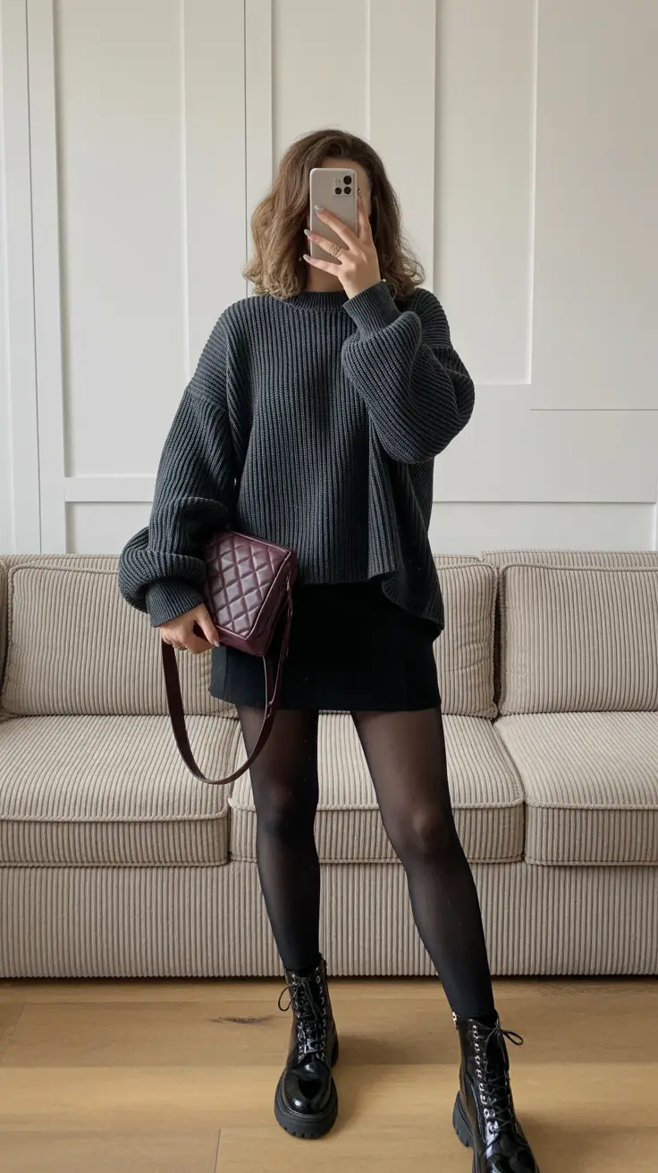 February outfits ideas 2026 Chunky Knit with a Mini for Cozy-Edgy Contrast