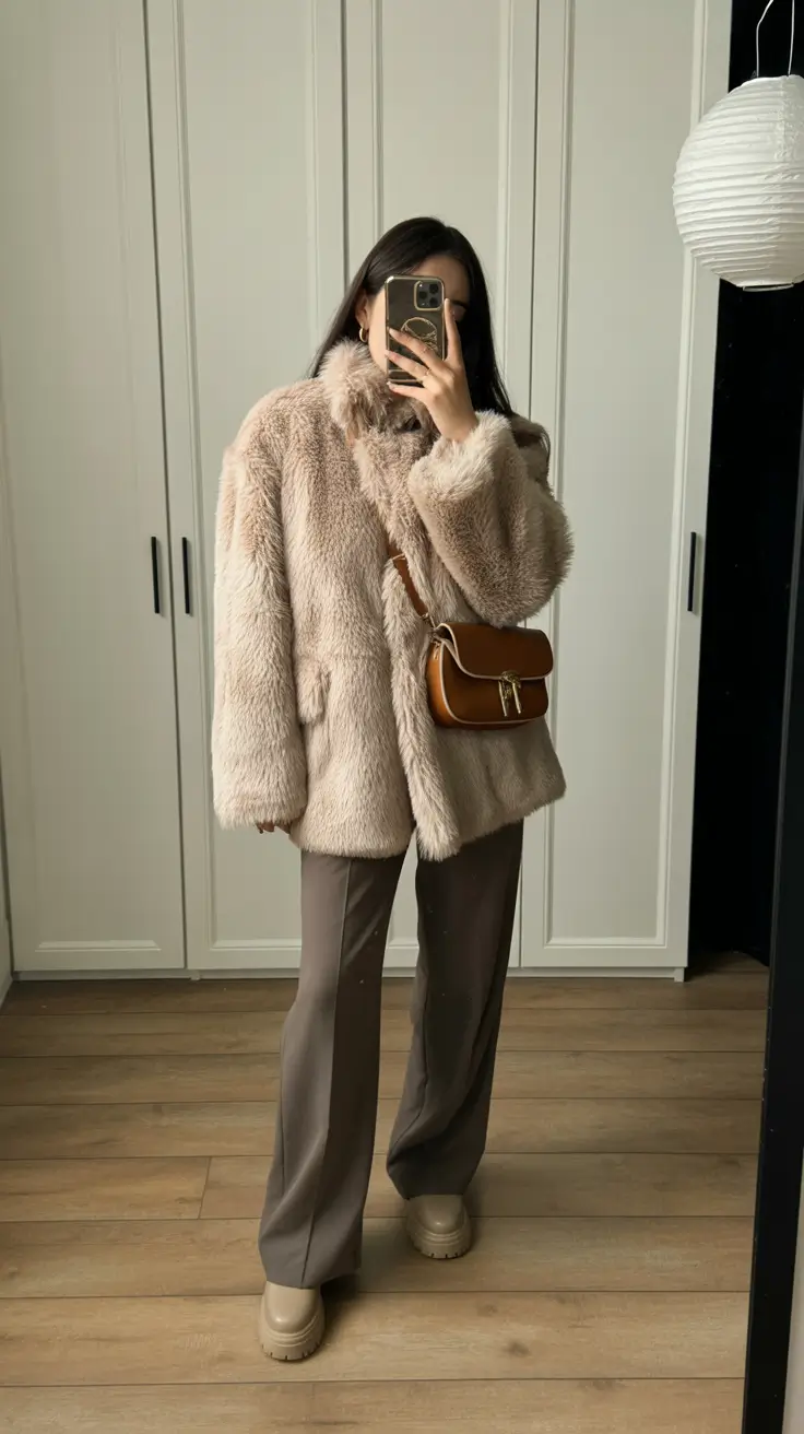 February outfits ideas 2026 Neutral Faux Fur with Taupe Trousers