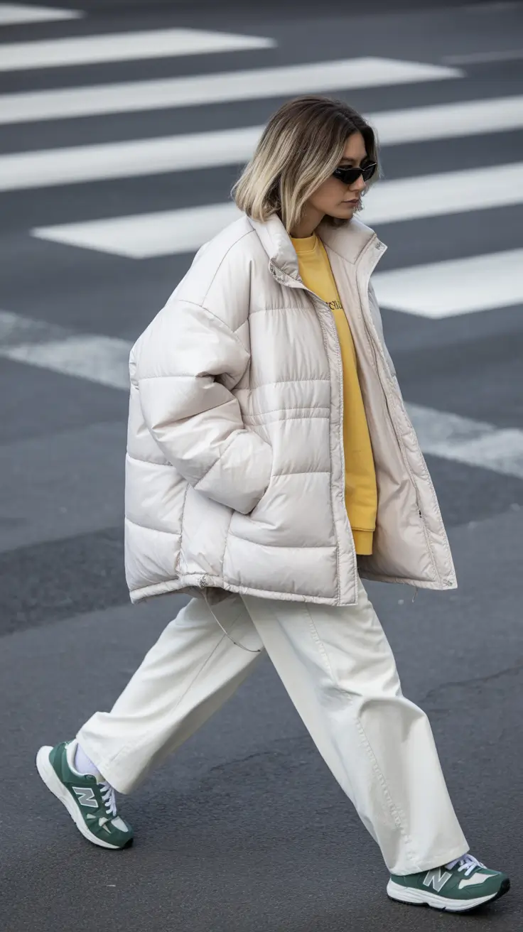 February outfits ideas 2026 Soft Beige Puffer with Yellow Accents