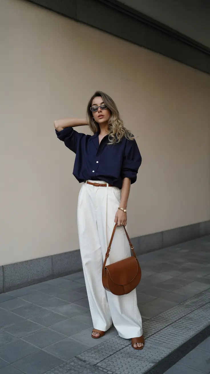 minimalist old money spring outfits 2026 Deep Navy Ease with Crisp Ivory Structure