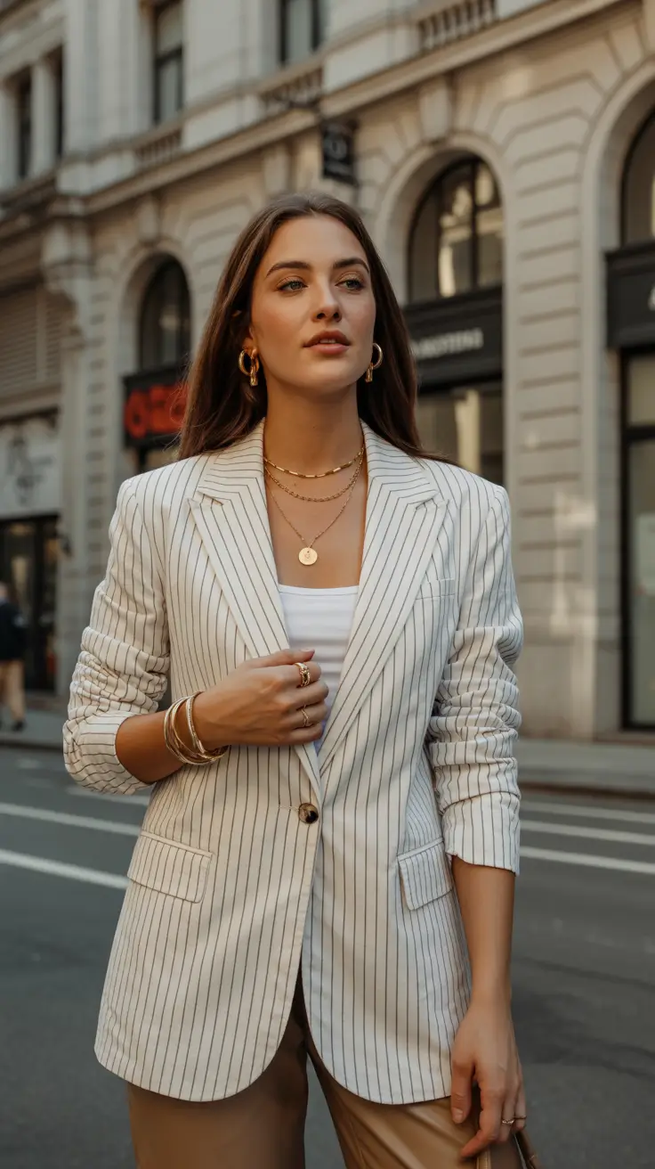 minimalist old money spring outfits 2026 Striped Precision with Gold-Toned Layers