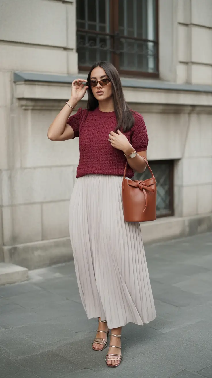 minimalist old money spring outfits 2026 Burgundy Texture with Flowing Neutrals