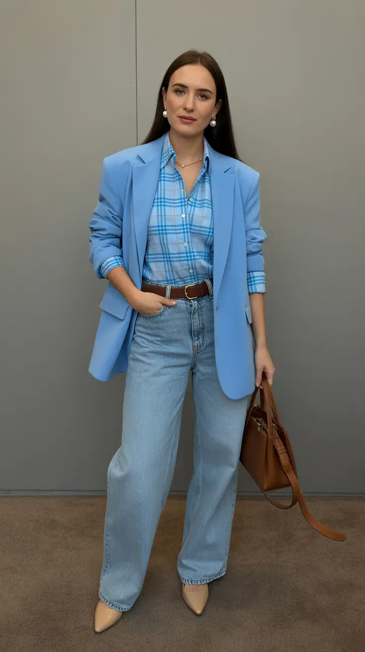minimalist old money spring outfits 2026 Sky-Toned Plaid and Relaxed Denim