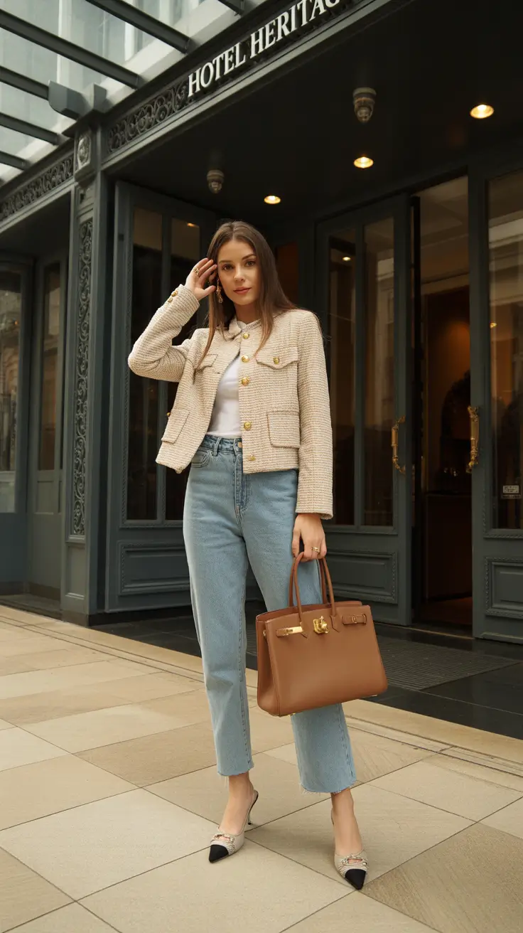 minimalist old money spring outfits 2026 Tweed, Denim, and Iconic Quiet-Luxury Details