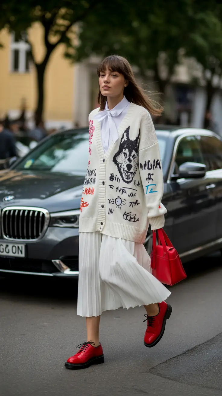 modern early spring outfits 2026 Whimsical White Layers With a Punch of Red
