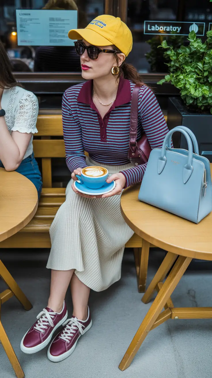 modern early spring outfits 2026 Café Colorplay With Retro Vibes