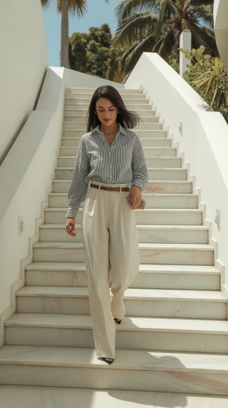 modern early spring outfits 2026 Striped Shirting and Relaxed Neutrals