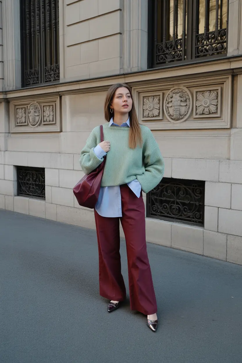 Modern spring office outfits 2026 Soft Mint Layers With Rich Burgundy for Early Spring Balance