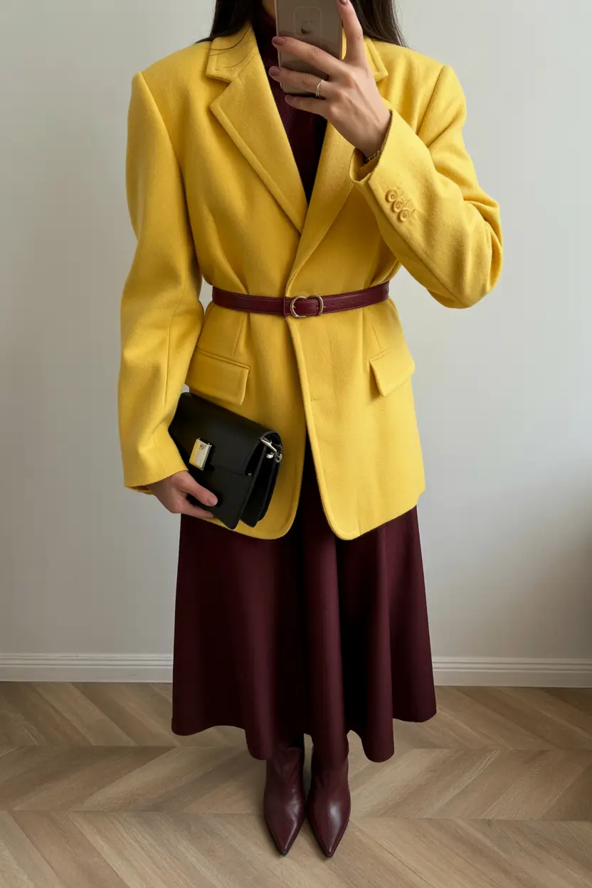 Modern spring office outfits 2026 Bright Mustard Tailoring With Deep Burgundy Foundations