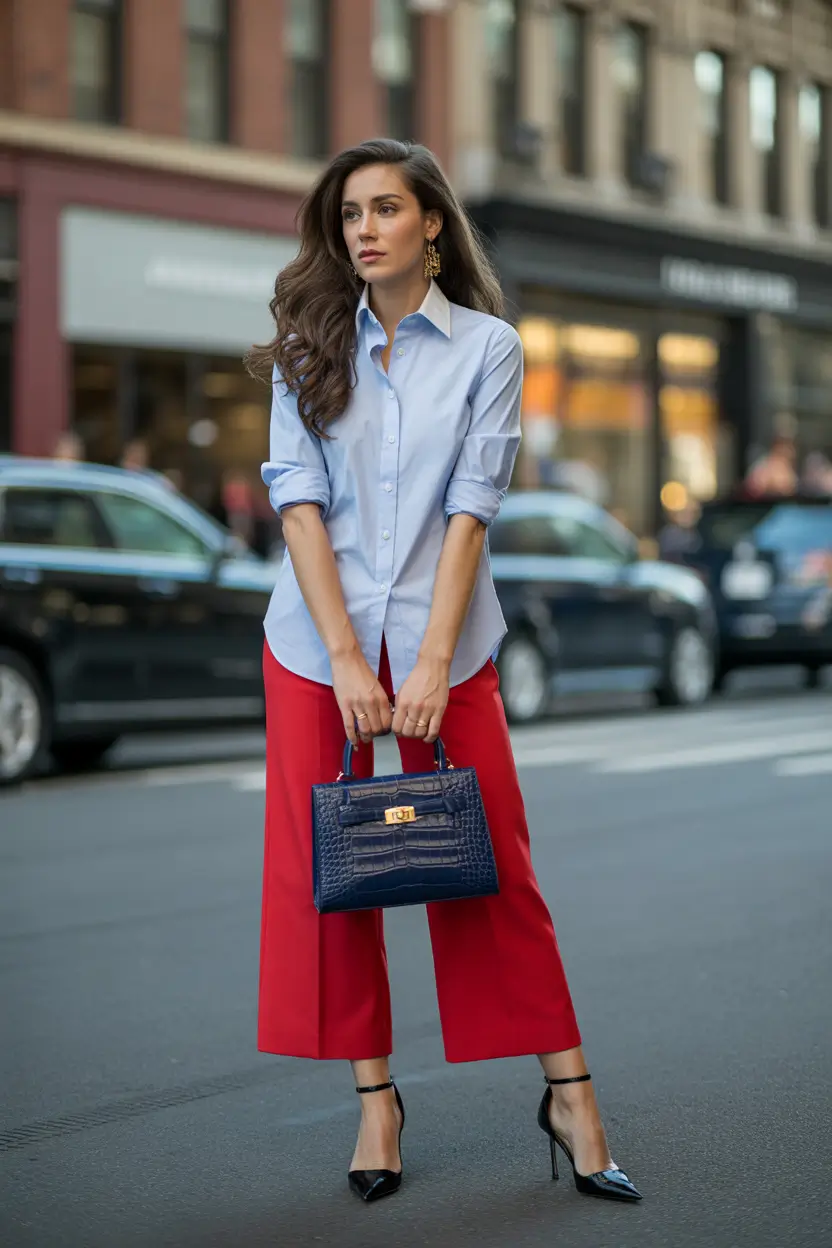 Modern spring office outfits 2026 Clean Blue Shirting With Sharp Red Tailoring for Modern Chic
