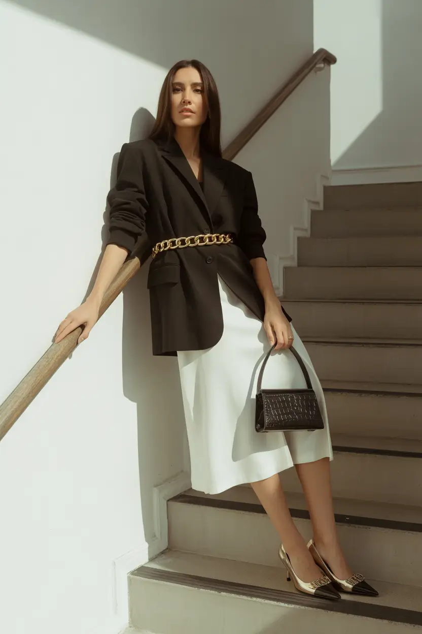 Modern spring office outfits 2026 Black-and-White Minimalism With Sculptural Gold Accents