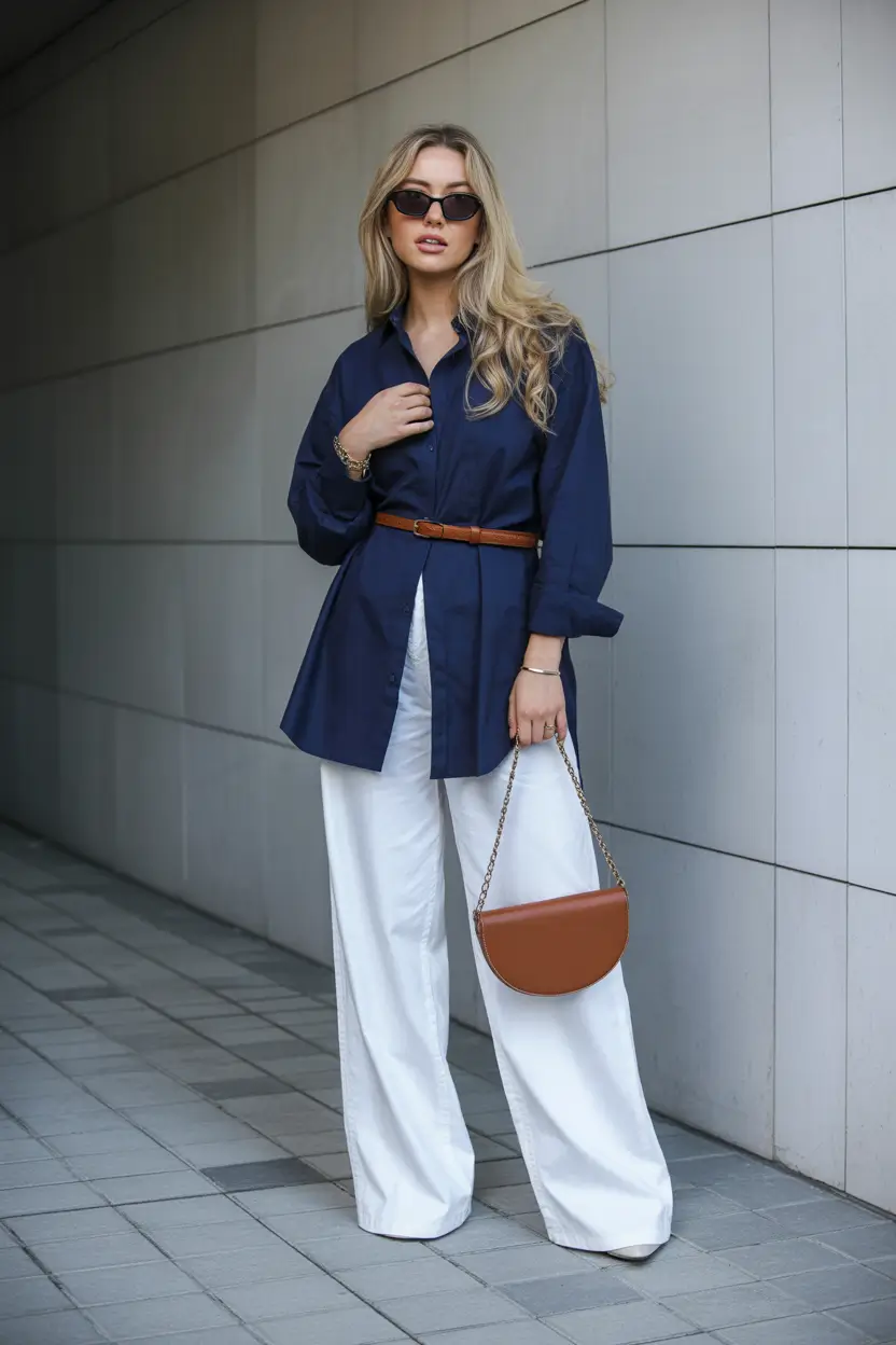 Modern spring office outfits 2026 Deep Navy Shirting With Relaxed White Trousers for Light Spring Ease