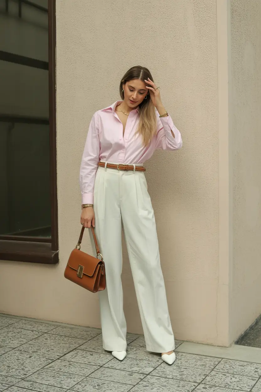 Modern spring office outfits 2026 Soft Pink Precision With Clean White Tailoring