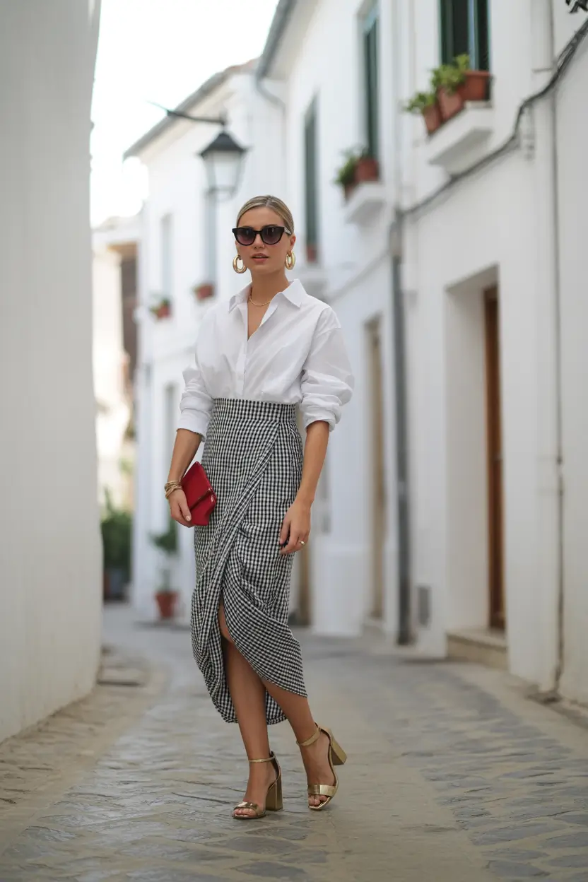 Modern spring office outfits 2026 Classic White Shirt With Sculptural Gingham Skirt Elegance