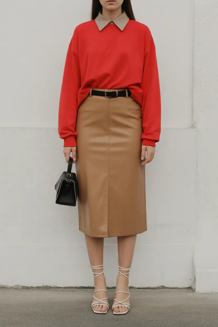 Modern spring office outfits 2026 Bold Red Softness Paired With Structured Camel Leather
