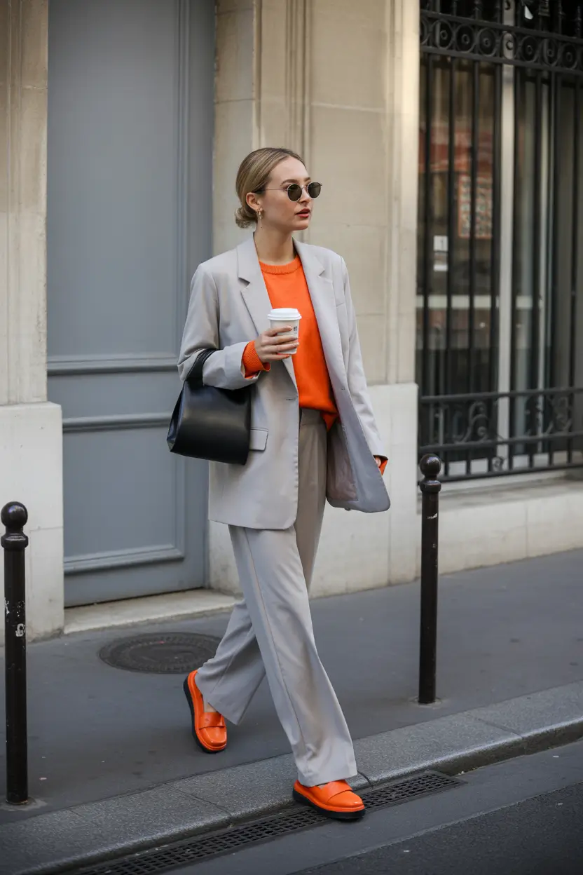 Modern spring office outfits 2026 Tailored Gray Suiting With a Bright 2026 Color Pop