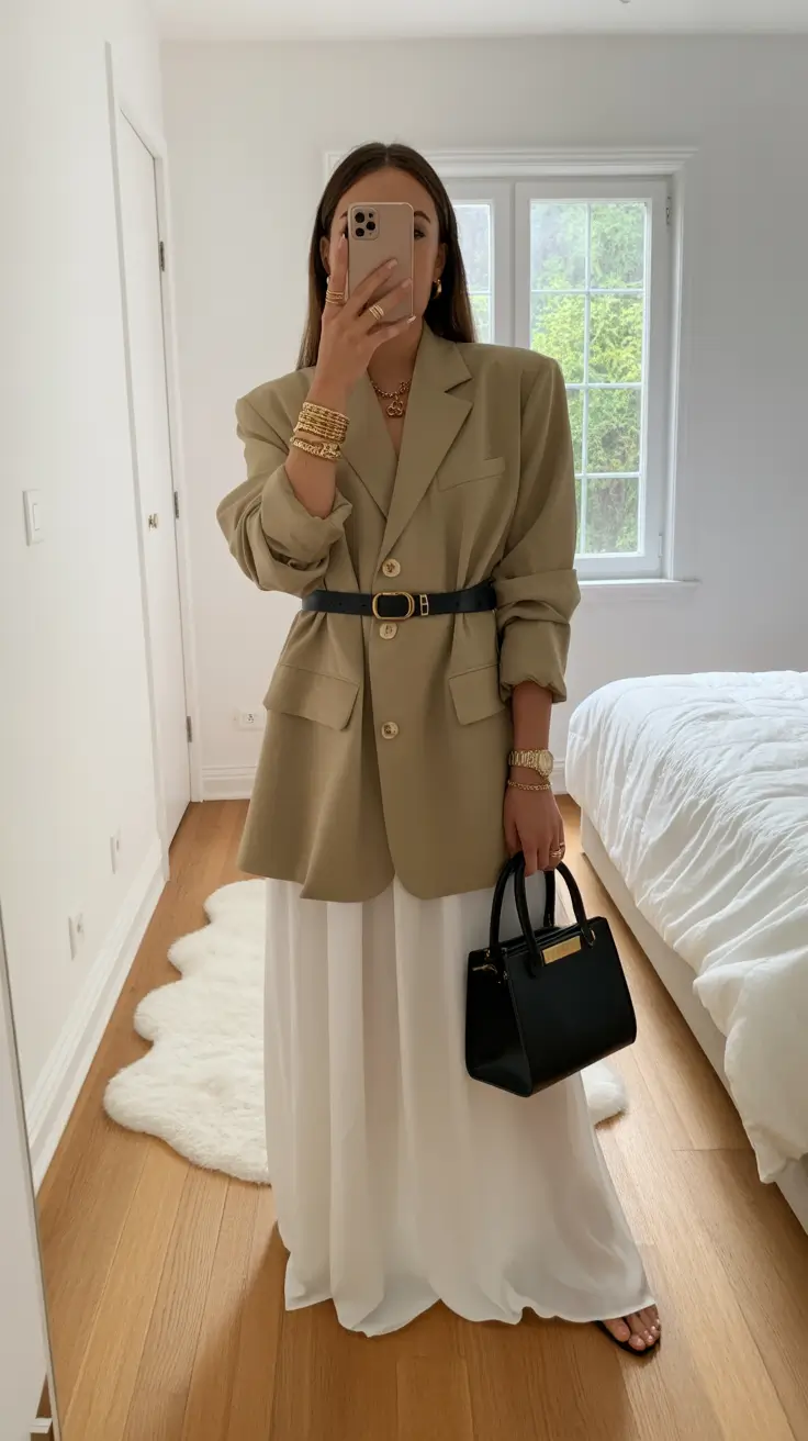 modest spring outfits for work 2026 Structured Blazer and Flowing White Skirt Balance
