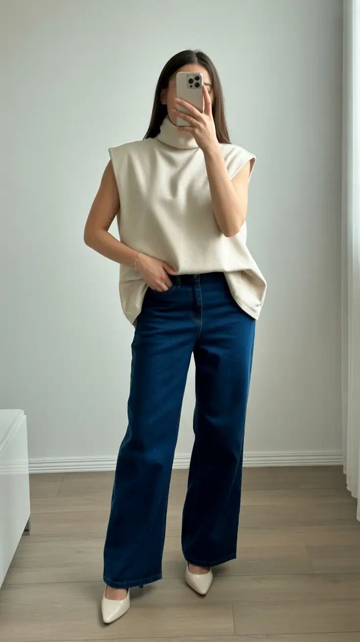 modest spring outfits for work 2026 Cream Structured Top With Deep Indigo Denim
