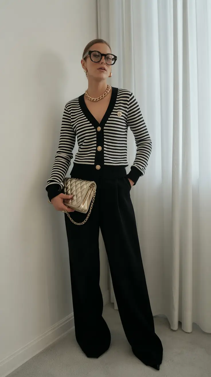 modest spring outfits for work 2026 Striped Cardigan and Black Tailoring Chic