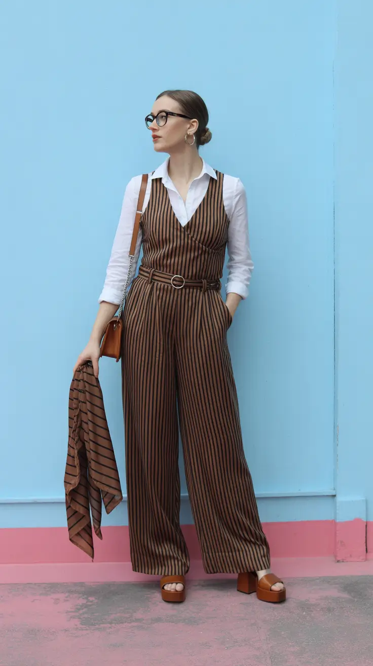 modest spring outfits for work 2026 Striped Jumpsuit Layers With Smart Tailoring