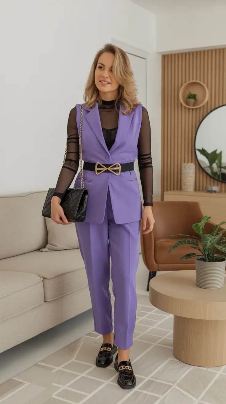 modest spring outfits for work 2026 Lavender Suiting With Sheer Layer Sophistication