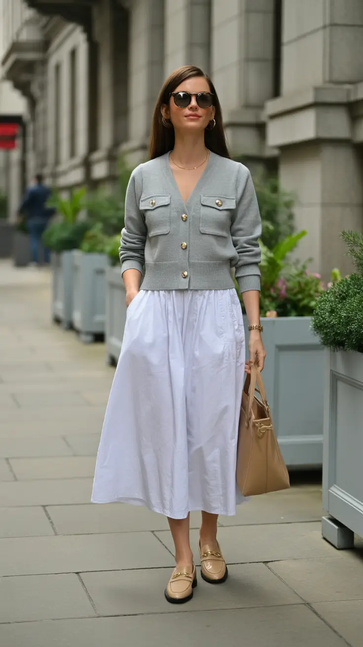 modest spring outfits for work 2026 Classic Gray Cardigan and White Midi Calm