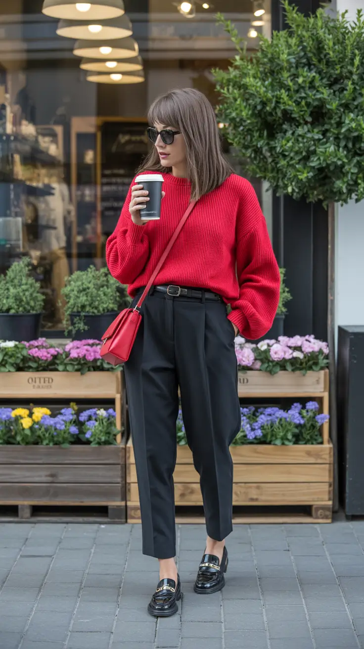 modest spring outfits for work 2026 Red Sweater Energy Meets Tailored Black Trousers