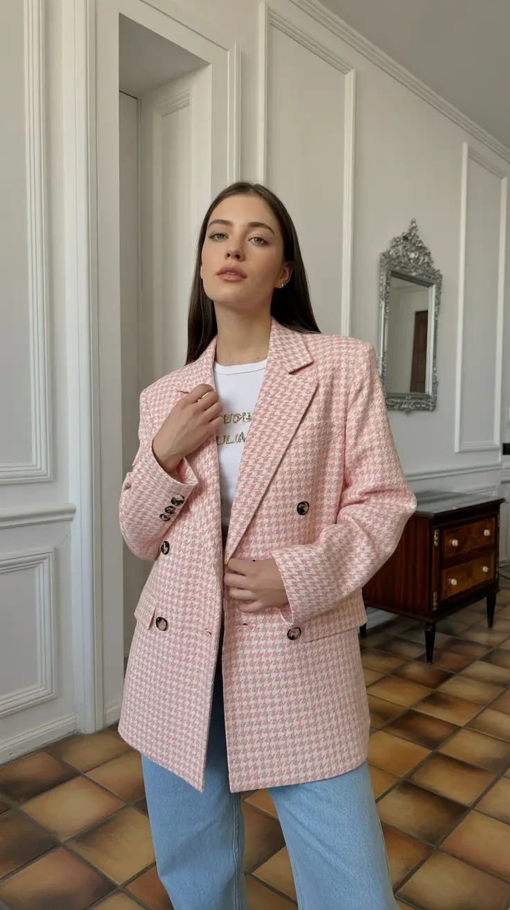 modest spring outfits for work 2026 Soft Pink Blazer With Denim Ease