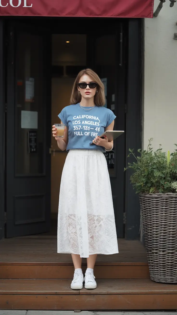 modest spring outfits for work 2026 Blue Graphic Tee and Lace Skirt Simplicity