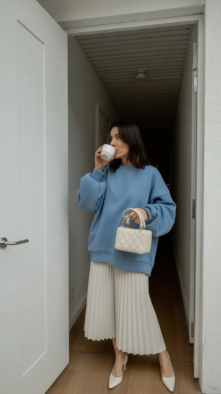 modest spring outfits for work 2026 Soft Blue Sweater With Pleated Skirt Calmness