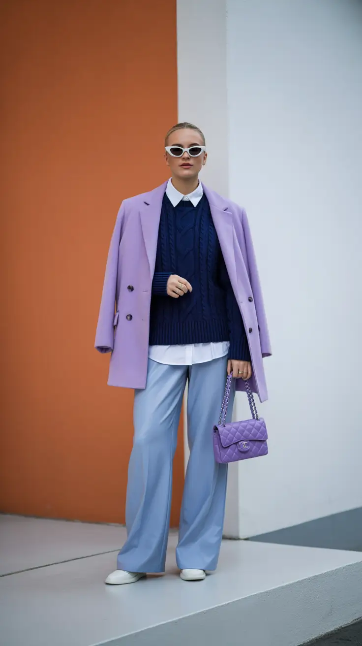 modest spring outfits for work 2026 Lavender Tailoring With Navy Layers