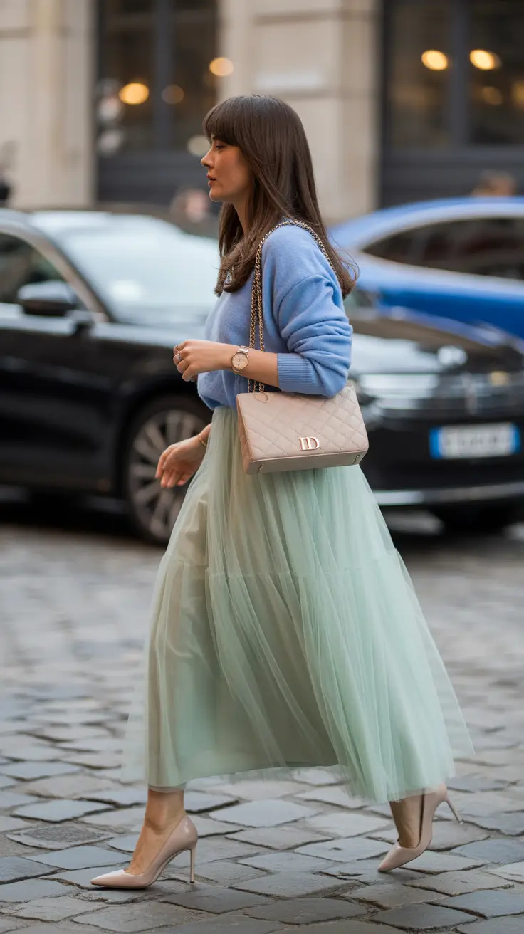 modest spring outfits for work 2026 Mint Tulle and Soft Blue Knit Whimsy