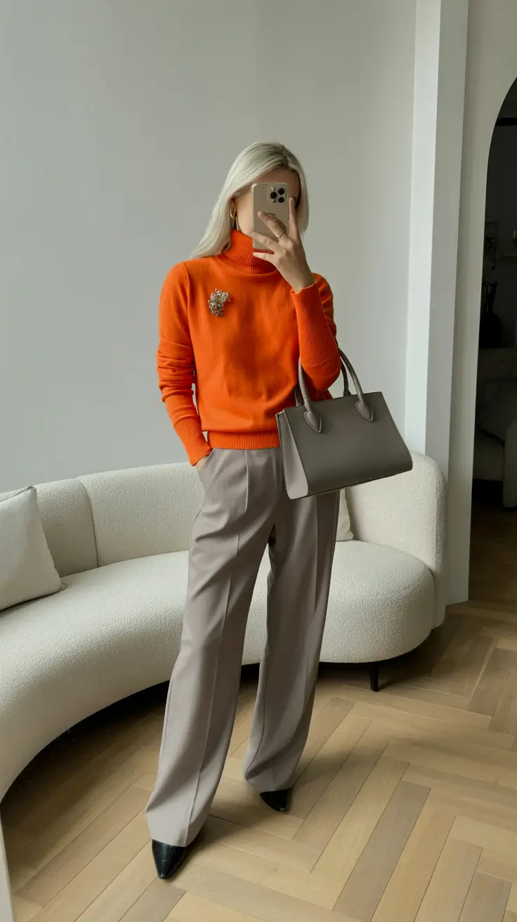 modest spring outfits for work 2026 Burnt Orange Knit With Taupe Tailored Trousers