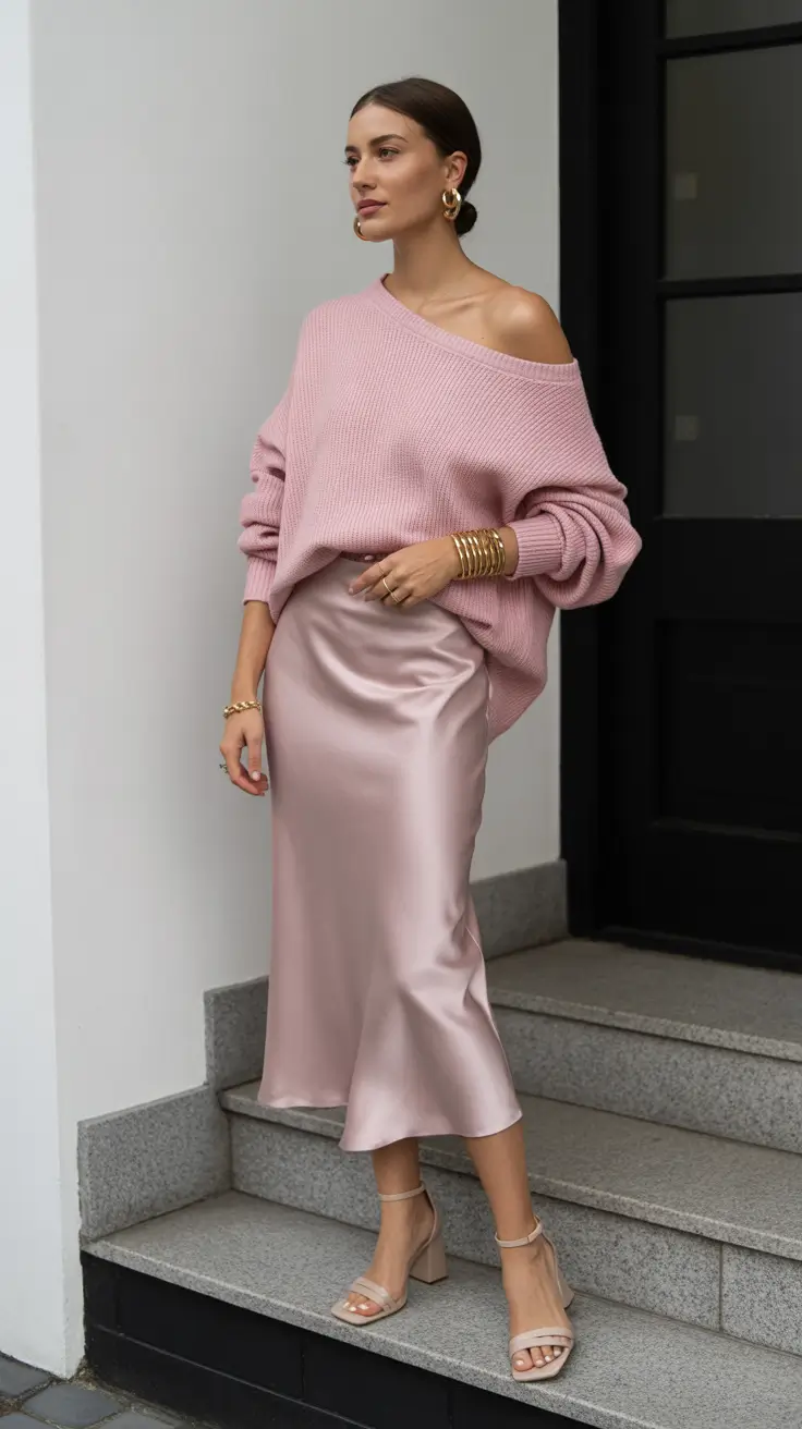 natural spring going out outfits 2026 Blush Satin and Knit Layers for Chilly Spring Nights