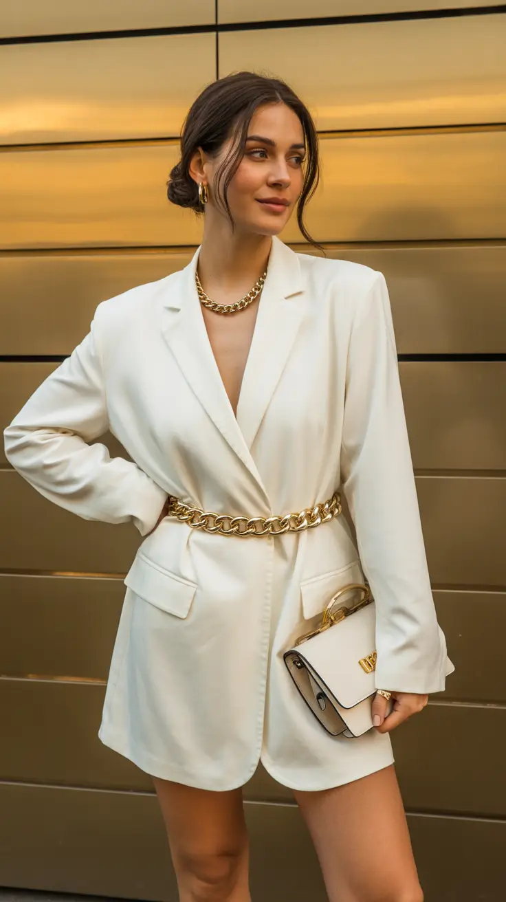 natural spring going out outfits 2026 White Blazer Elegance with Bold Gold Accents