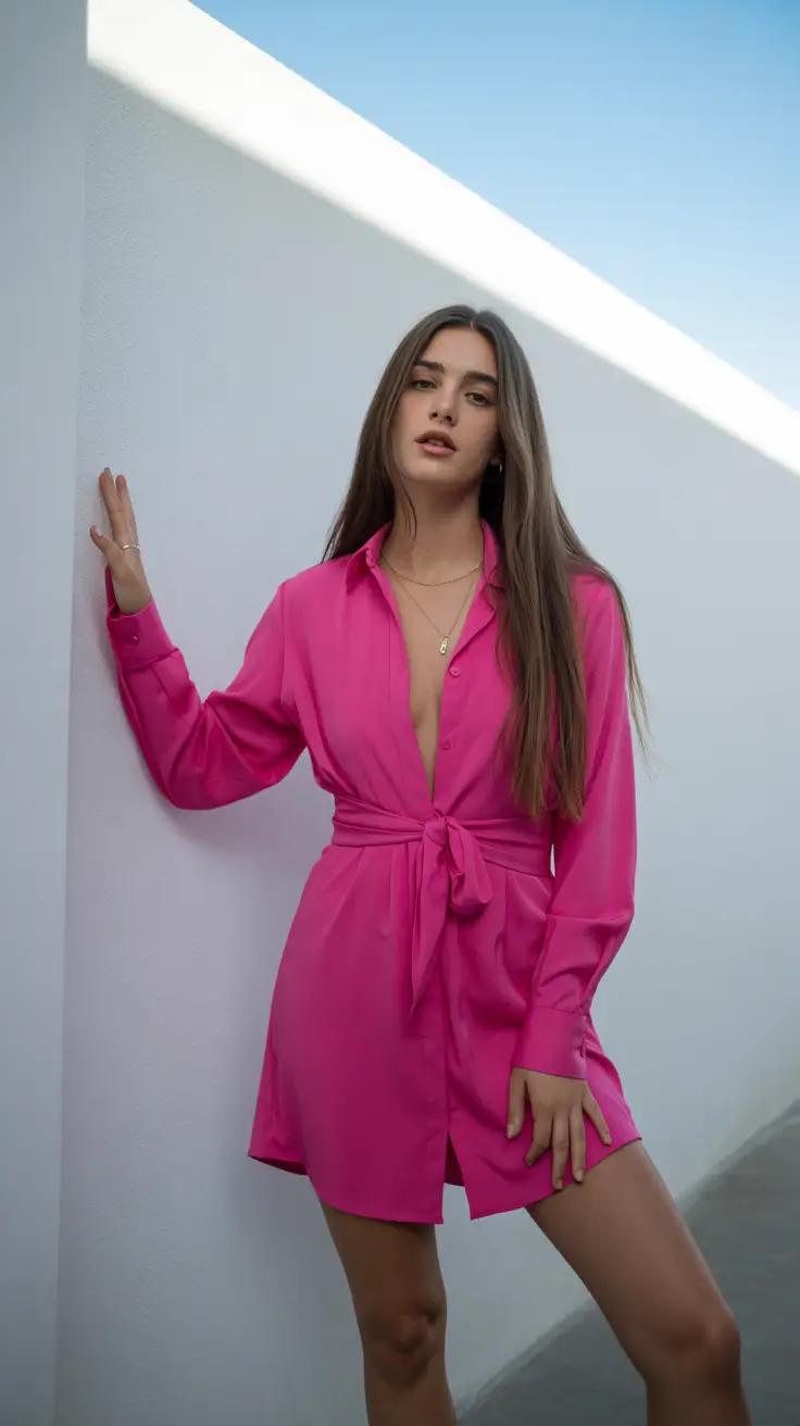natural spring going out outfits 2026 Hot Pink Shirtdress for Bold Spring Statements
