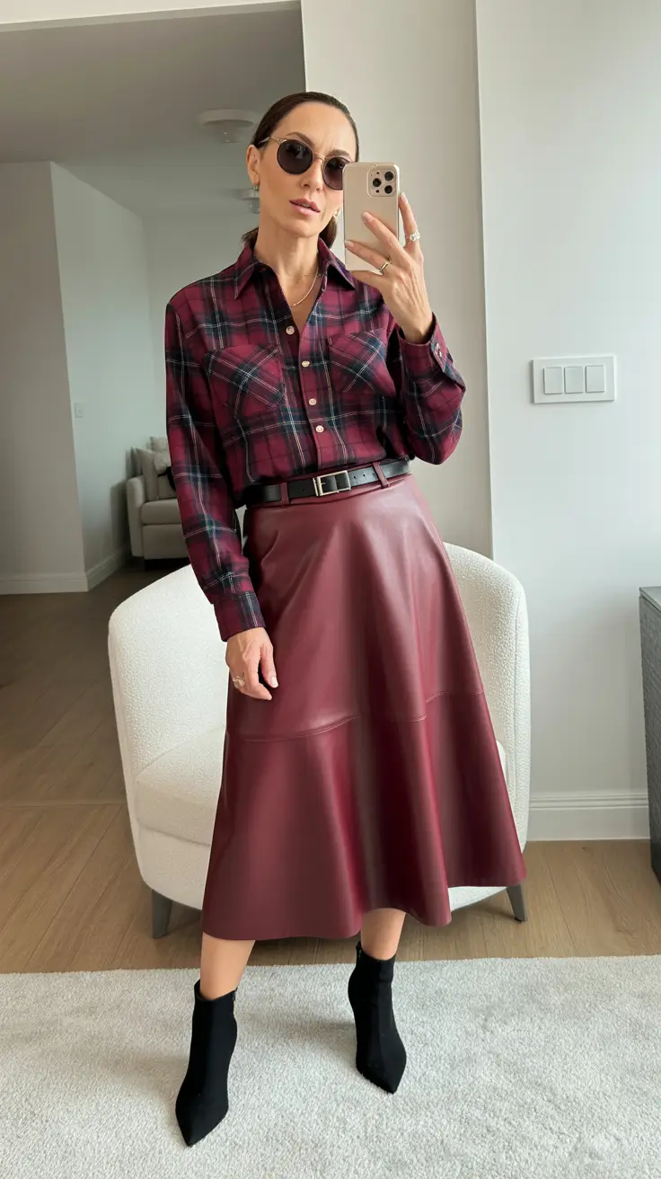 natural spring outfits for women over 50 2026 Structured Plaid With a Polished Wine-Tone Skirt