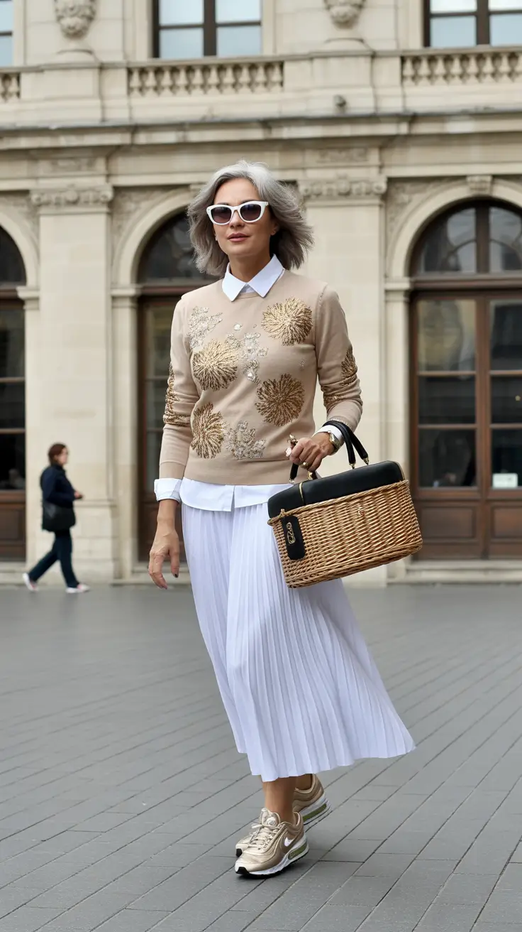 natural spring outfits for women over 50 2026 Soft Elegance With a Pleated Spring Moment