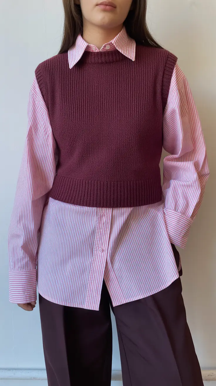 natural spring travel outfits 2026 Layered Burgundy and Stripes for Structured Spring Style