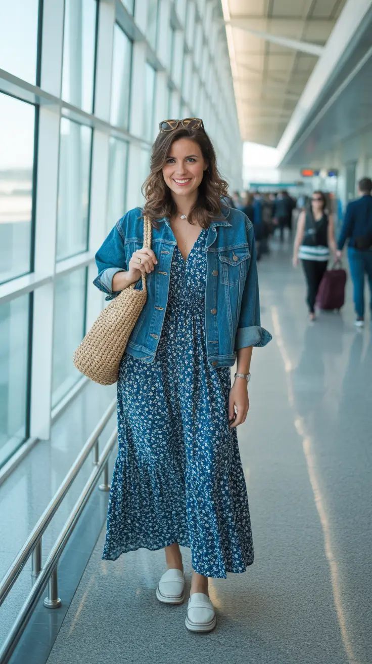 natural spring travel outfits 2026 Floral Ease and Denim Layers for Lighthearted Airport Transits
