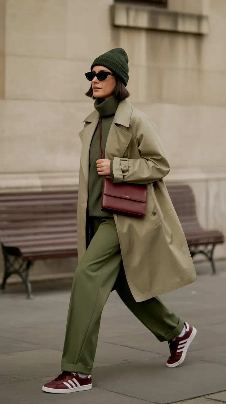 natural spring travel outfits 2026 Monochrome Olive for Sleek European Spring Movement