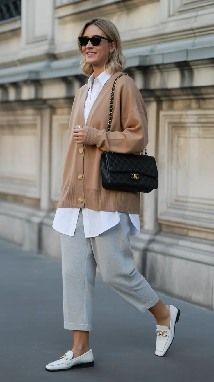 natural spring travel outfits 2026 Elegant Neutrals and Oversized Layers for Cozy European Mornings